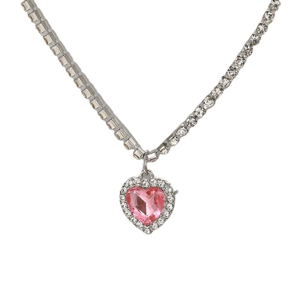 Modische Acryl-Zirkon-Kettenkette für Frauen, Rosa Kristall-Herzanhänger-Halskette, Schlüsselbeinkette für Damen, Schmuck – Detail 6