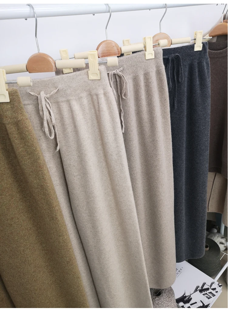 Autumn winter wool knitted wide leg trousers FEMALE drooping feels straight tube leisure tall waist outside wear trousers