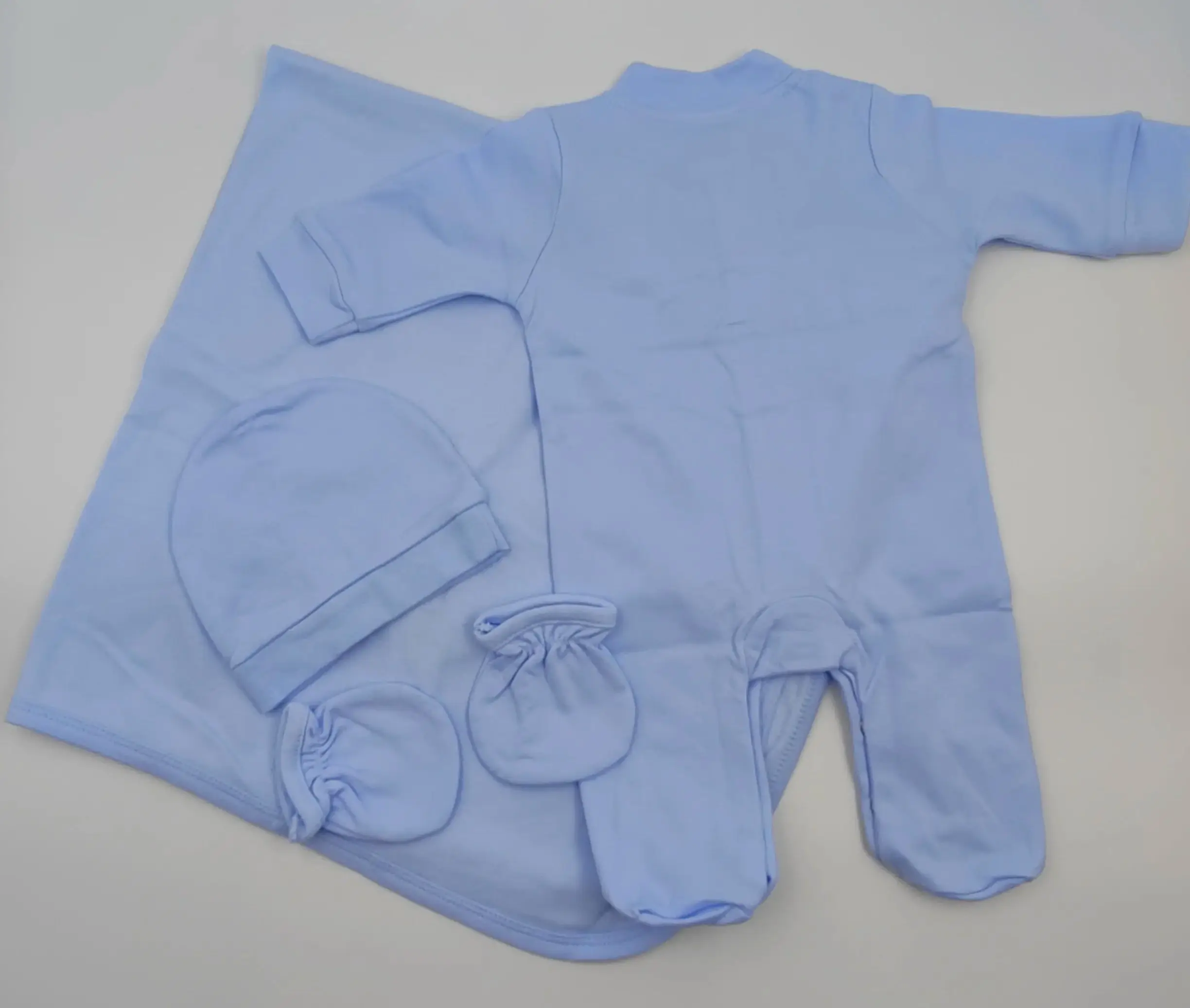 4-個のかわいいベビークロール服ソリッドライトブルーソフトコットン通気性のある足付きロンパース-0-9-ヶ月