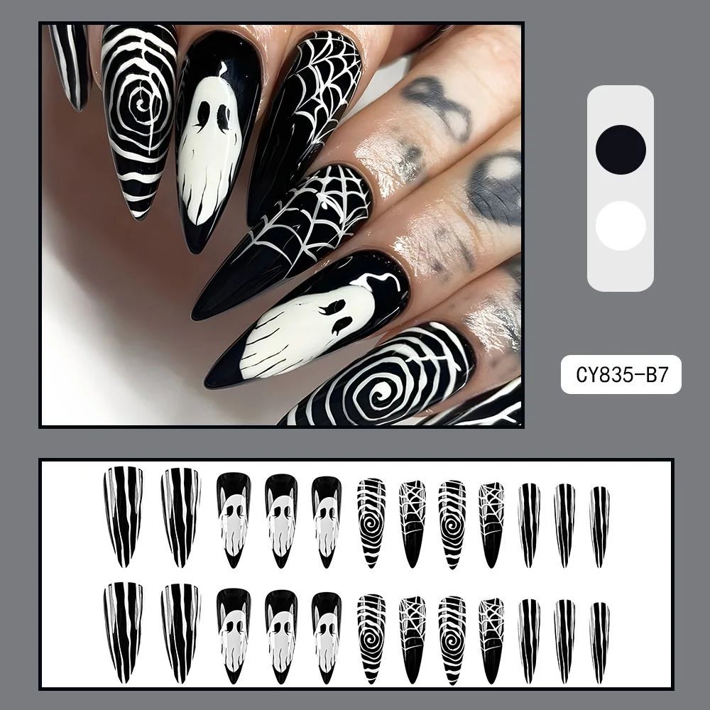 24Pcs Halloween Press on Nail Ghost Water Drop False Nail Threaded Personalized Ghost Face Fake Nails For Women and Girl