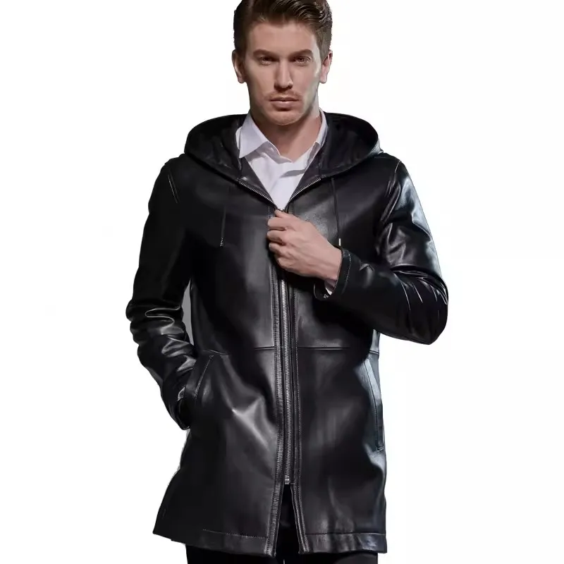 Chaqueta de cuero negro con capucha para hombre, gabardina de piel de oveja de longitud media, talla grande, Otoño e Invierno