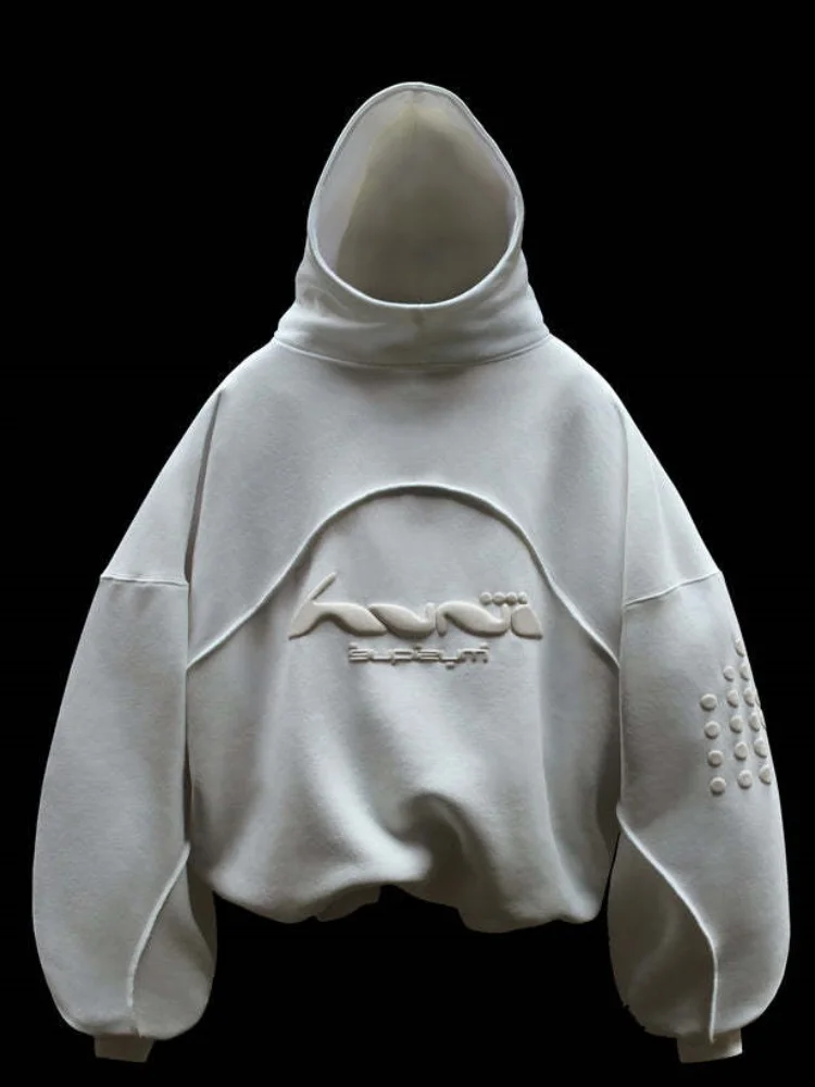 Street Style Color Block Patchwork Hoodie Trendy Brand Casual Design Letter Foam Print Pullover