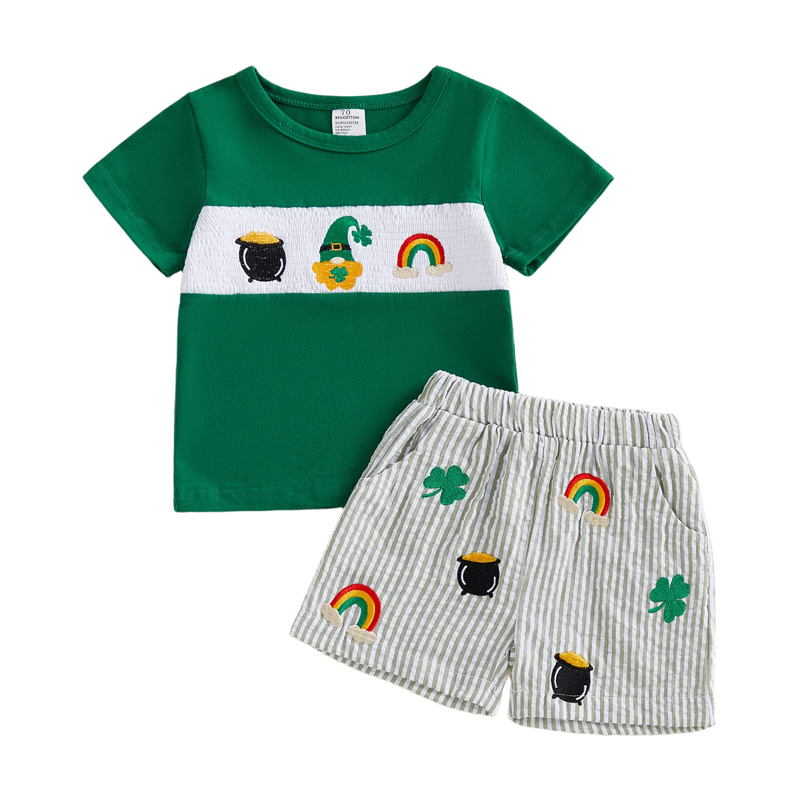 

Toddler Baby Boy Spring Outfits Shamrock Rainbow Embroidered Crew Neck Short Sleeve T-shirt and Striped Shorts 2 Pcs Set