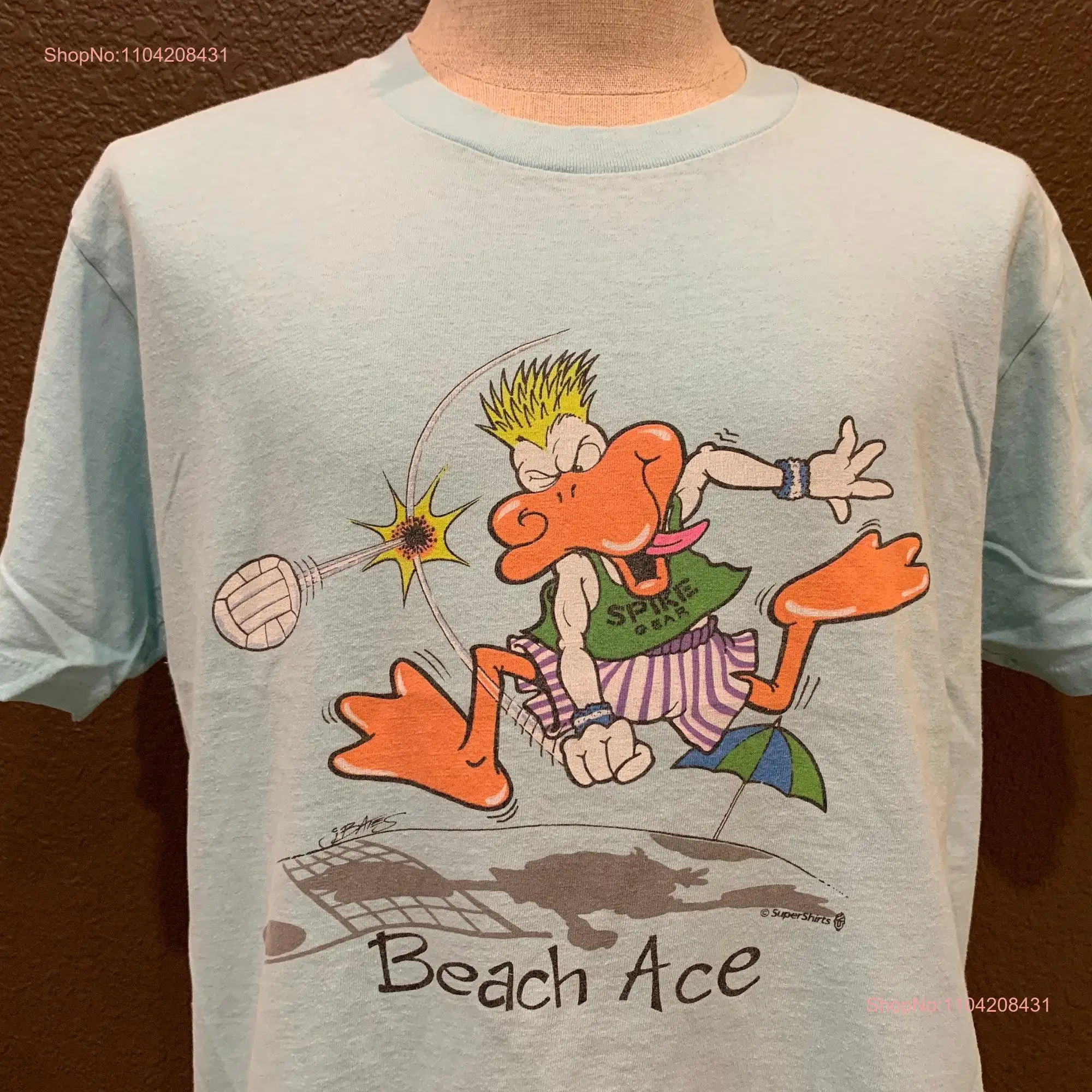 Vintage 80's Volleyball Beach Ace Duck Blue T Shirt Size L long or short sleeves