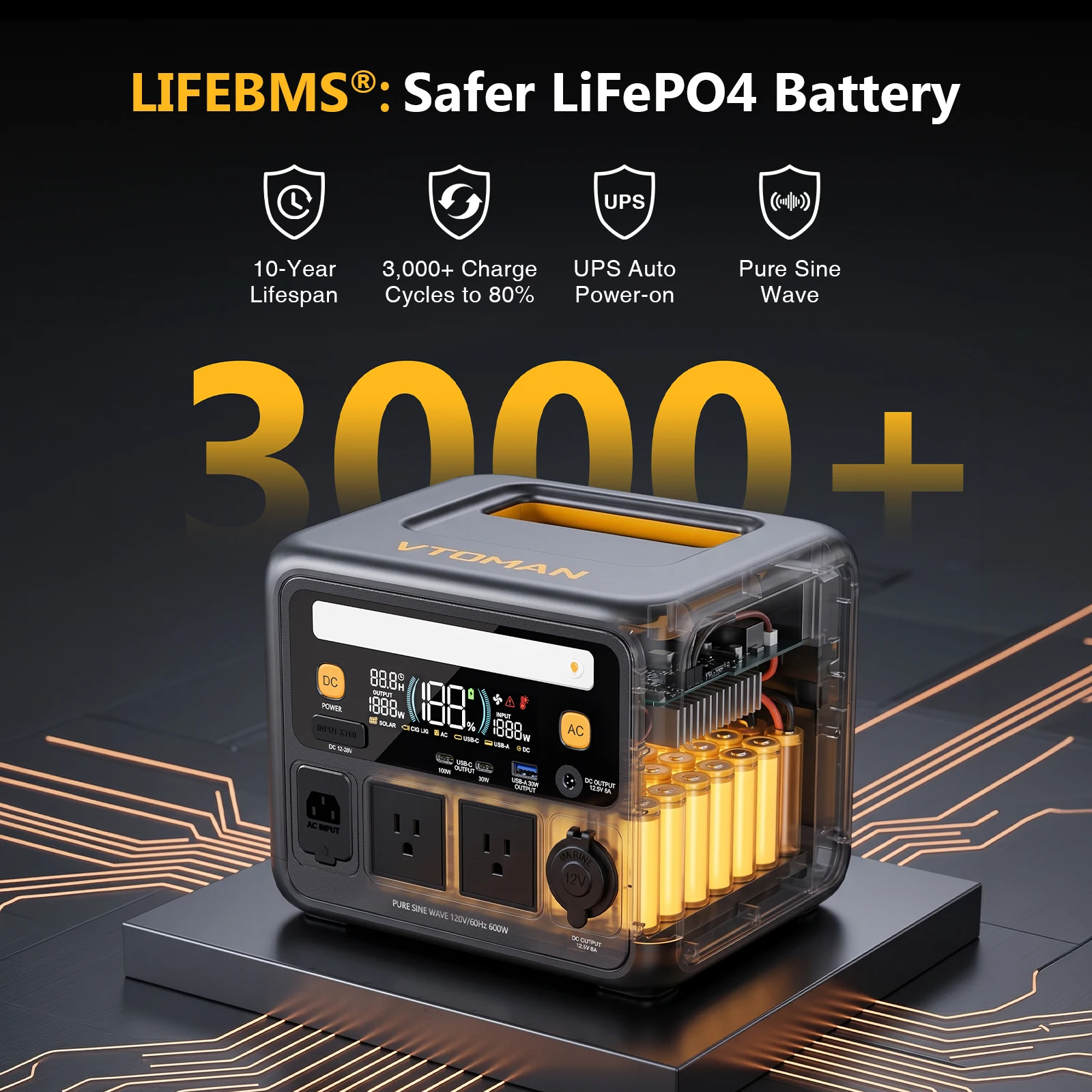 VTOMAN JUMP 600X Portable Power Station,268.8Wh LiFePO4 Battery,High-Power Emergency Power for Home Blackouts,Camping,OutdoorUse image 2
