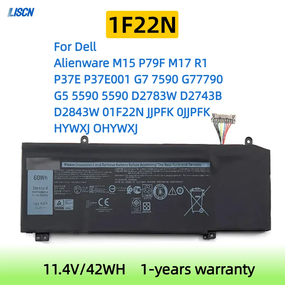 

1F22N Laptop Battery for Dell Alienware M15 P79F M17 R1 P37E P37E001 G5 5590 D2783W G7 7590 7790 D2743B D2843W HYWXJ JJPFK 60WhI