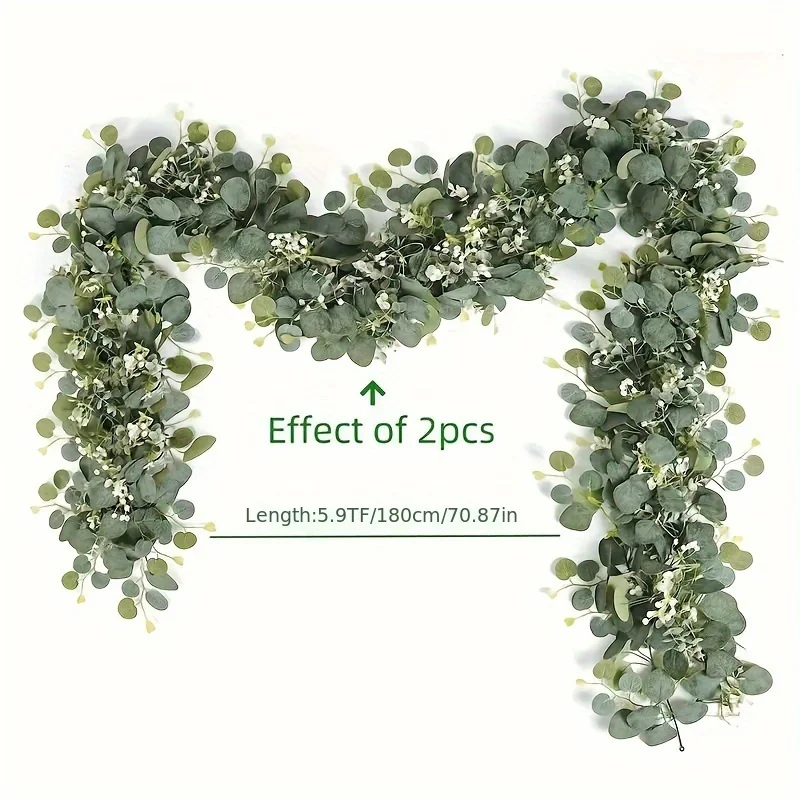 

4pcsFaux Eucalyptus Garland With White Flowers, Silvery Dollar Eucalyptus Leaves Gypsophila Garland, Artificial Greenery Vines F