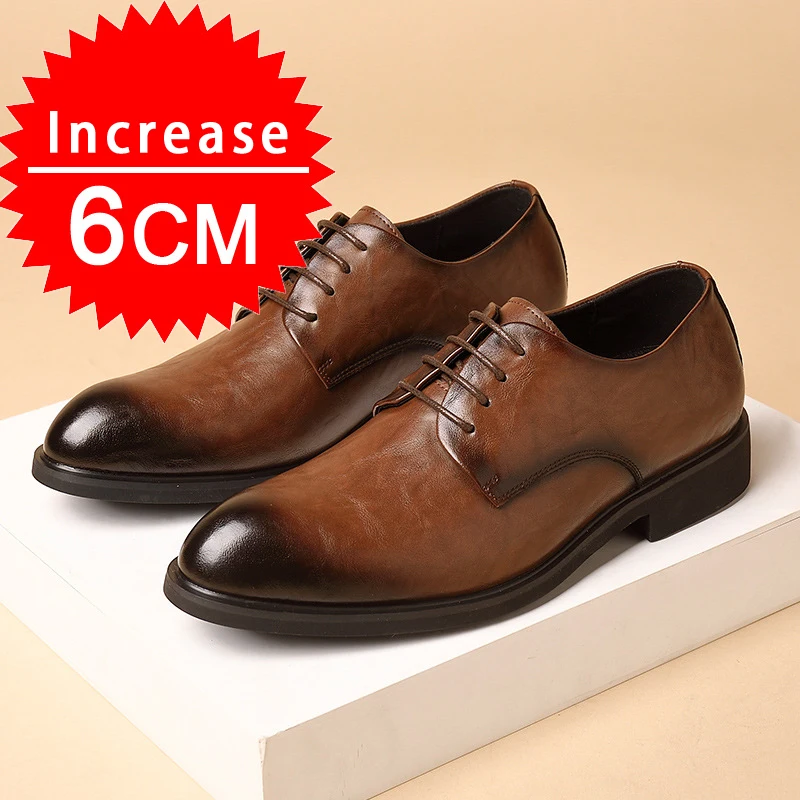 Flat /6cm Retro Cow Split Leather Elevator Shoes Man Formal Wedding Business Shoes Men Invisible Height Increase Lift Shoes