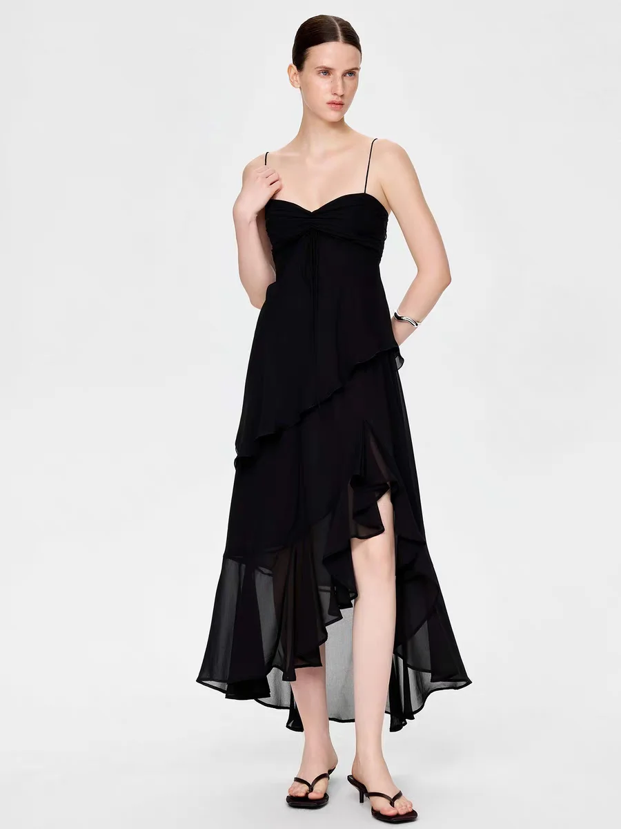Saias de Chiffon para Mulheres, Saia Irregular Preta de Cintura Baixa, Moda Premium Y2K, Tendência de Verão, Saia Longa Casual Vintage