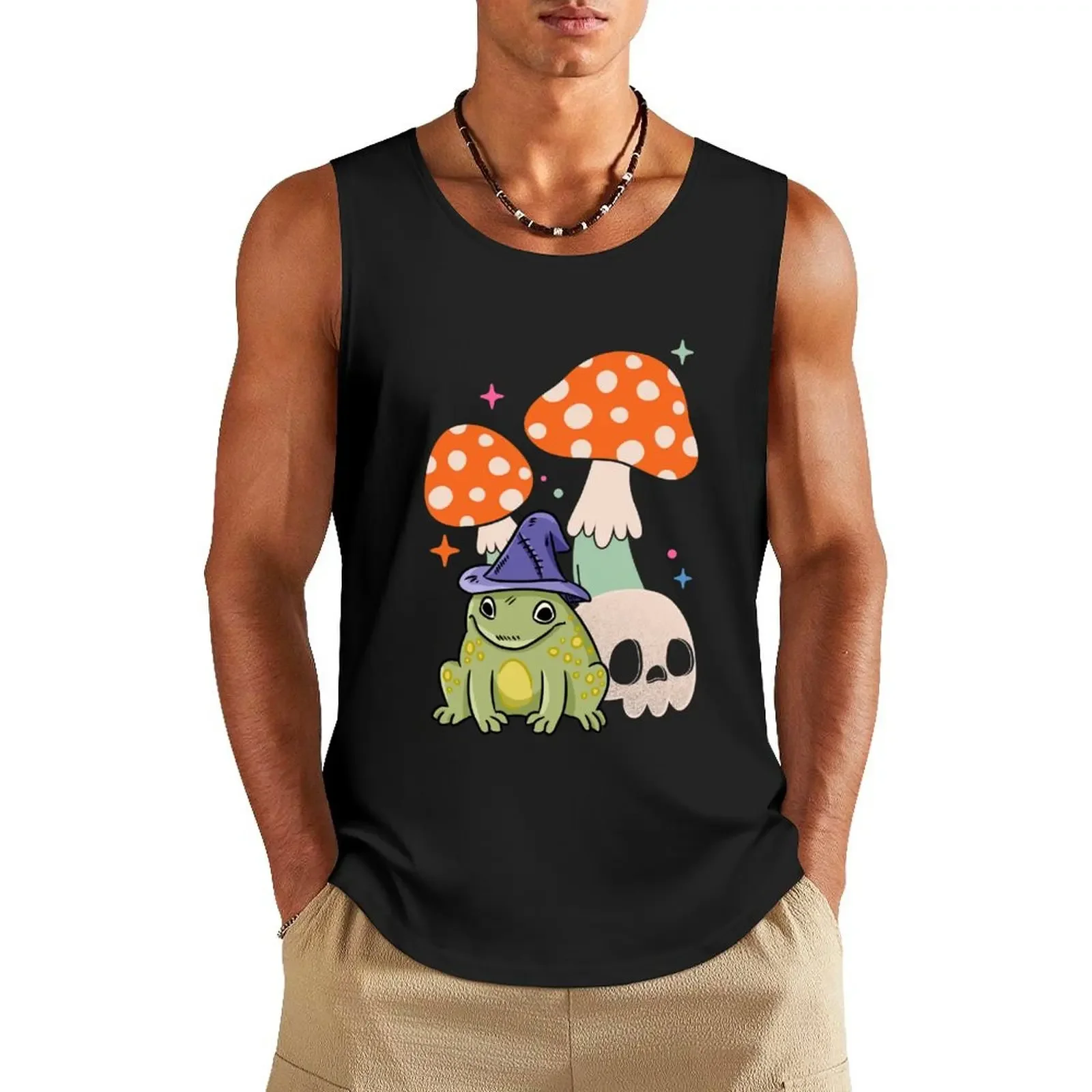 

Cottagecore Frog Wizard Frog With Mushroom And Skull - Witchcraft Cute Witchy Frog Tank Top men clothes gym clothing men