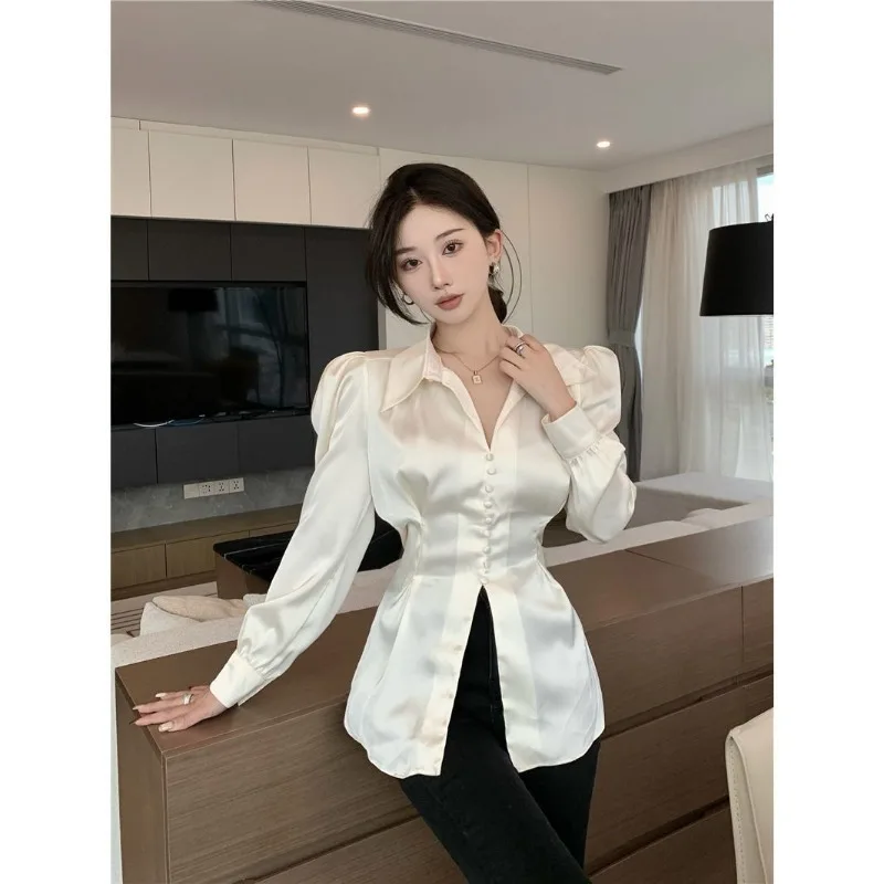 

Femme весна лето корейская мода пуговицы однотонный воротник-поло женские рубашки офисные женские простые темпераментные атласные кардиганы