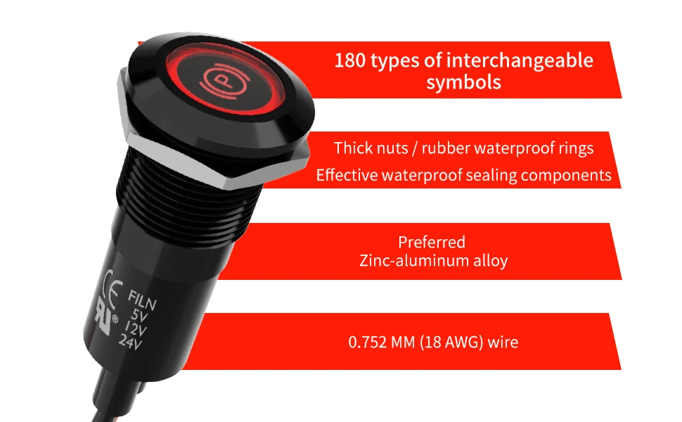 FILN 2 Stück 12mm IP67 Wasserdichte Aluminium-Metallanzeigeleuchte - Armaturenbrett-Pilotleuchte mit Kabel | Austauschbare Symbolkappen für das Armaturenbrett im Auto – Detail 3