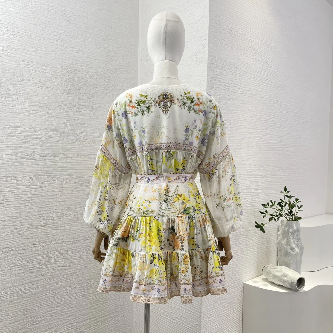 High Quality Silk Yellow White Floral Print Long Sleeve Diamonds Blouse Tops Skirt Set