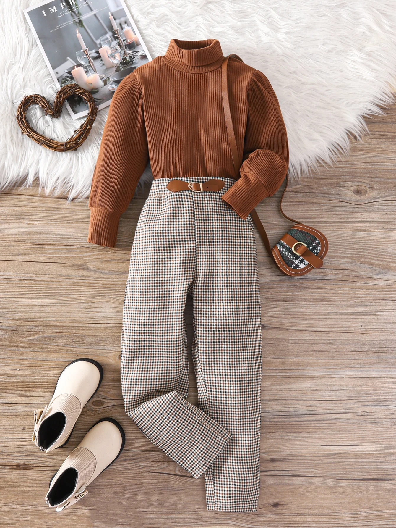 Girls suit 7-12 years old autumn and winter new girl chic sweater long-sleeved top + Plaid pants casual fashion two-piece