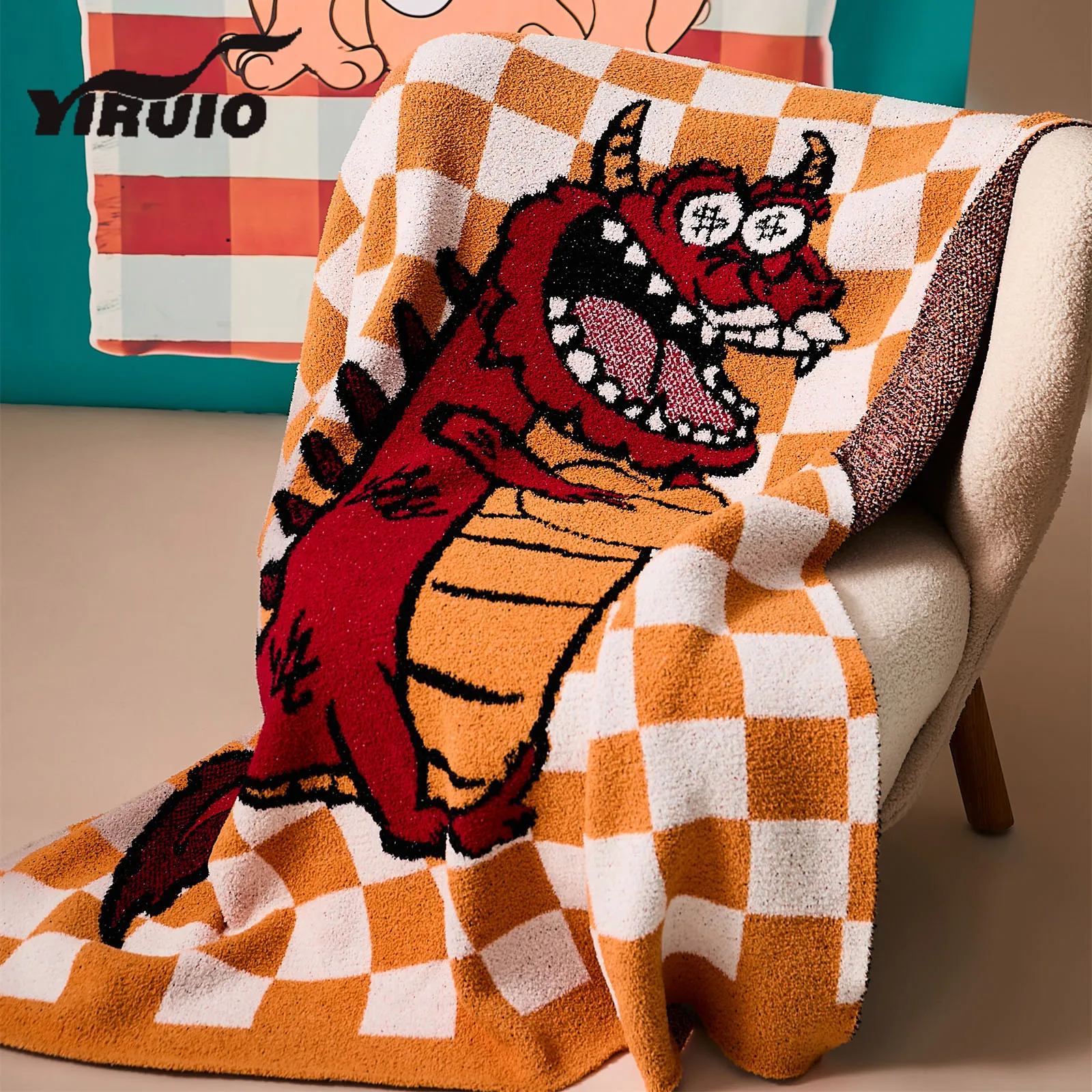 

YIRUIO Cute Dragon Checkerboard Plaid Blanket Home Decorative Blanket For Sofa Bed Fluffy Cozy Warm Knitted TV Bed Throw Blanket