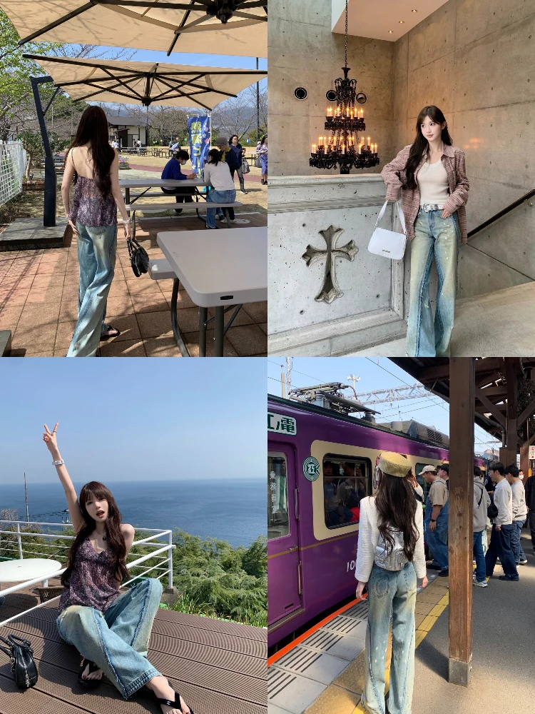 

Fashionable Soft Blue Jeans with Splattered Ink Frayed Edges And Holes CHICYOU Casual Straight Leg Jeans for Women