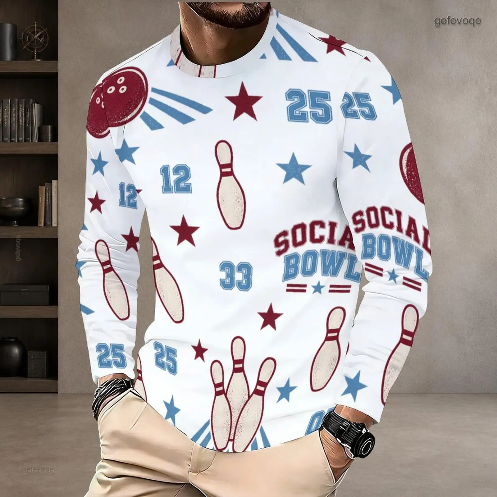 Men White Printed Bowling Pin Ball Star Number Social Bowl Pattern Round Neck Long Sleeve T Shirt