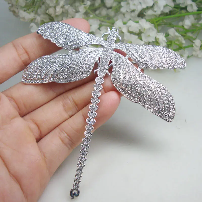 

Silver Tone Luxury Dragonfly Insect Woman's Brooch Pin Clear Rhinestone Crystal