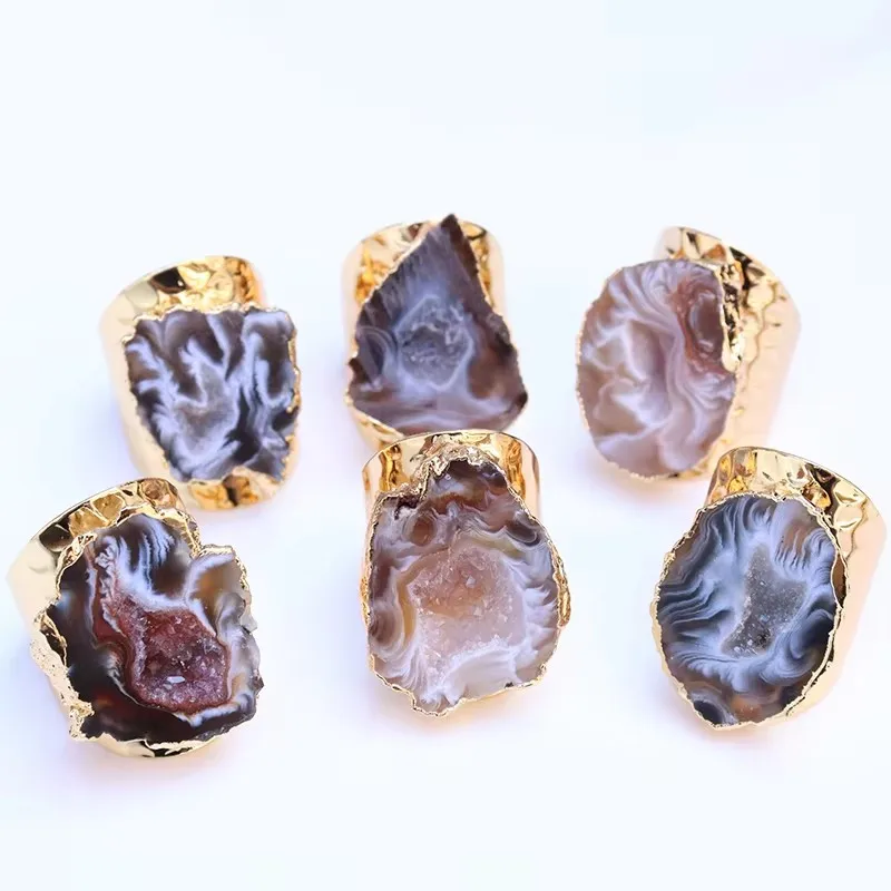 Brazilian Natural Raw Agate Ring Irregular Druzy Stone Adjustable Gold Plated Primary Color