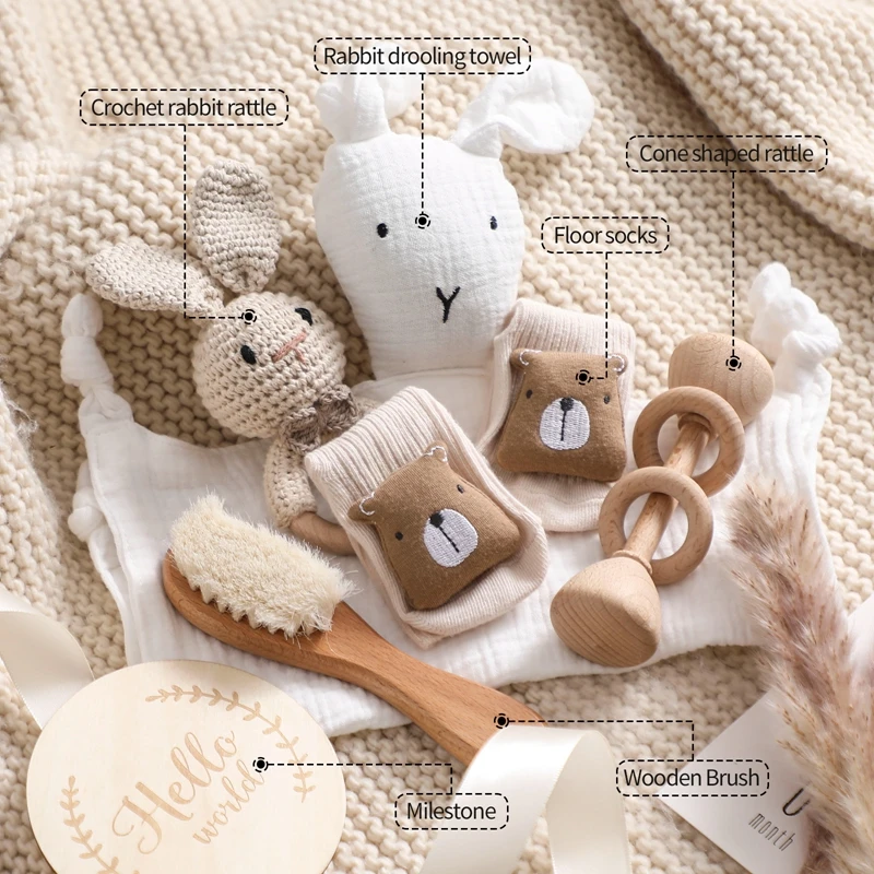 Baby Gift Set Newborn Infant Baby Towel Newborn Bath Toy Baby Drool Towel  Wood Rattle  Growth Milestone  Wool Brush  Baby Socks