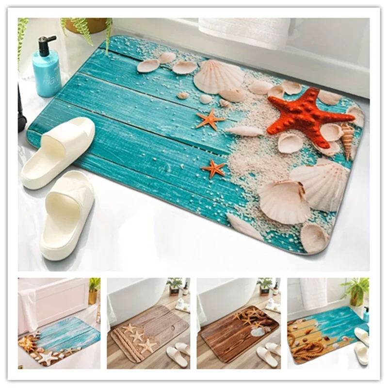 Ocean Shell Wood Paneled Bath Mat Super Absorbent Carpet for Bathroom Hawaiian Style Starfish Beach Home Decor Non-Slip Foot Rug