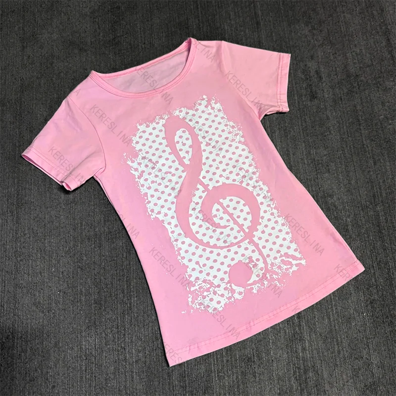 Harajuku الجمالية 2000s خمر Y2K المرأة تي شيرت لطيف شيك نمط هندسي طباعة kawaii الجمالية ضئيلة المرأة المحاصيل القمم EMO