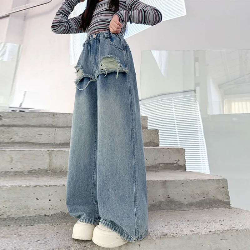 Girls Pants 2026 Spring New Korean Version Loose Ripped Jeans Daily Casual Fashion Stylish and Versatile Wear