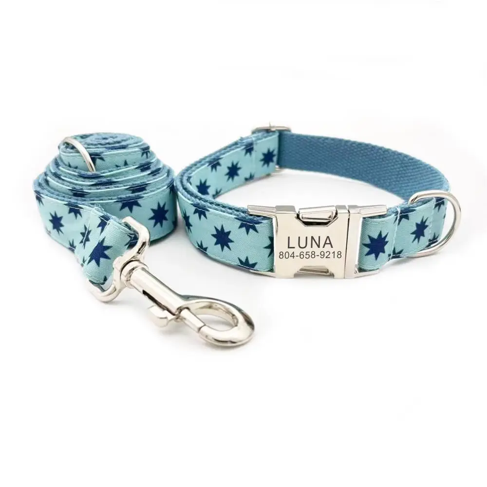 Personalized Dog Collar with Free Engraving, Matching Pet Leash,Customzied Contacts Metal Buckle, Light Blue Stars Pet Collar