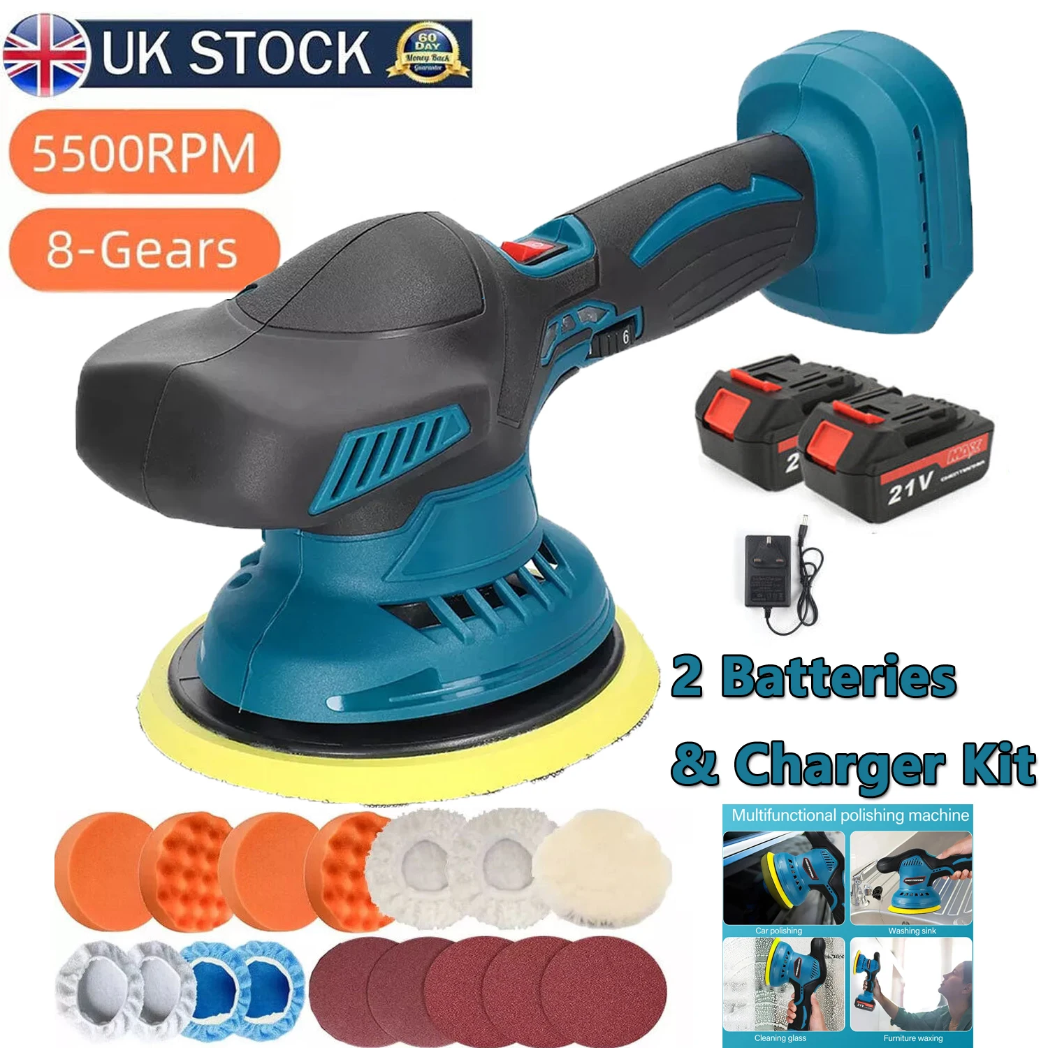 1/2 Battery Cordless Car Polisher Buffer 21V Sander 8 Speed Polishing Machine