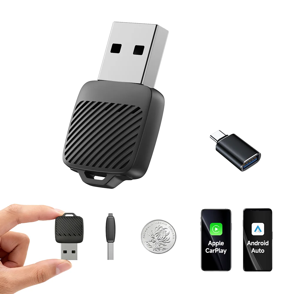 Adaptateur MINI CarPlay et Android Auto sans fil 2 en 1, mise à niveau 2026, Dongle CarPlay Plug & Play convertit le fil vers sans fil, Au rapide