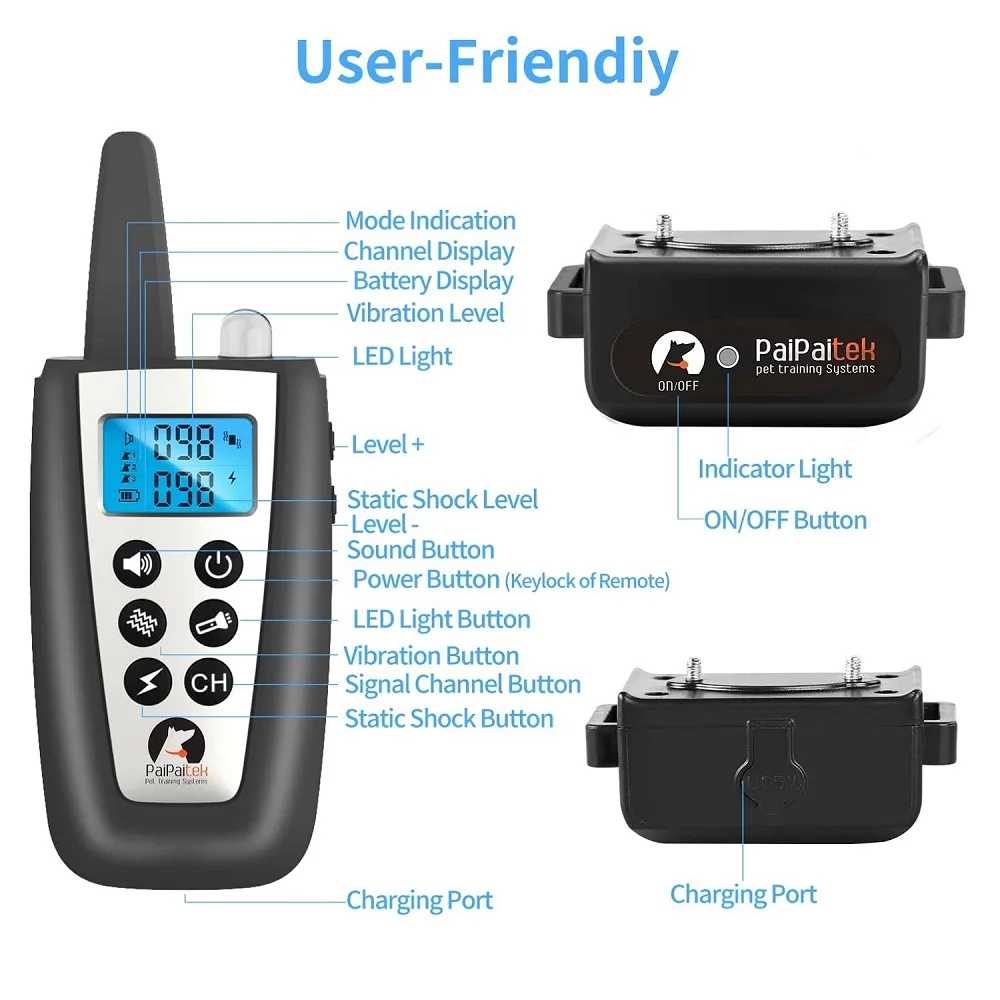 Collare antiabbaio per cani PaiPaitek con telecomando, collare automatico per abbaio e addestramento combinato con segnale acustico, vibrazione,