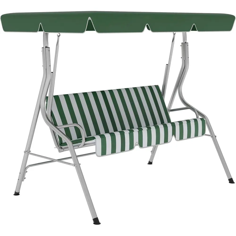 3-Person Outdoor Swing Bench with Adjustable Shade, Cushion, Steel Frame, Green & White Striped