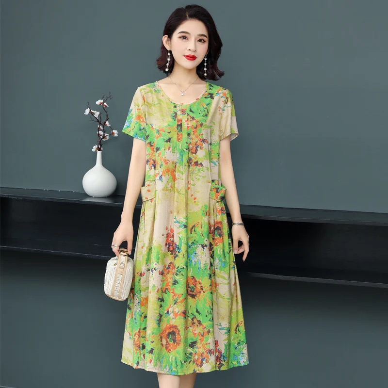 

New Fashion Women Summer Print O-Neck Vintage 2023 Lady Floral Dresses Casual Robe Dress Beach style Print Women Clothing