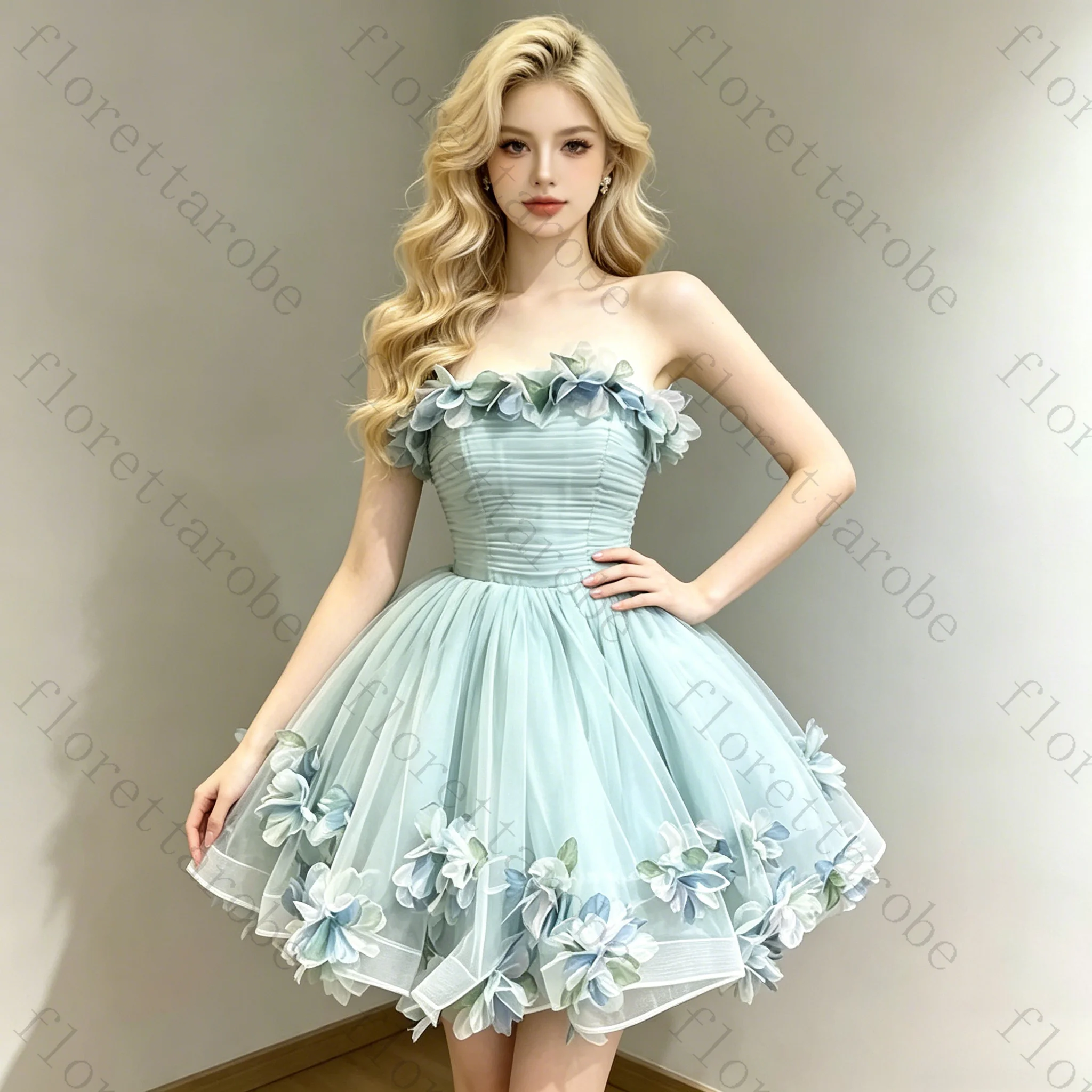 Customized Sky Blue Tulle Mini Dress Strapless 3D Floral Applique A-line Oversized Bow Bespoke Graduation Homecoming Dress