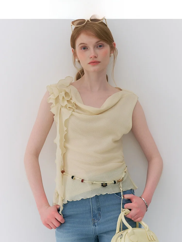 

Женская блузка Jiujiu Design с цветочным принтом, летняя коллекция 2026, французский стиль, воротник-стойка, 3D-цветочный принт, короткий рукав, топ для похудения