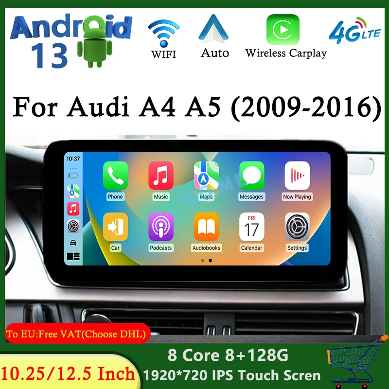 

10.25" Android 13 Wireless AUTO Carplay For AUDI A4 A5 B8 2009 - 2016 Car Video Players GPS Navigation Central Multimedia Screen