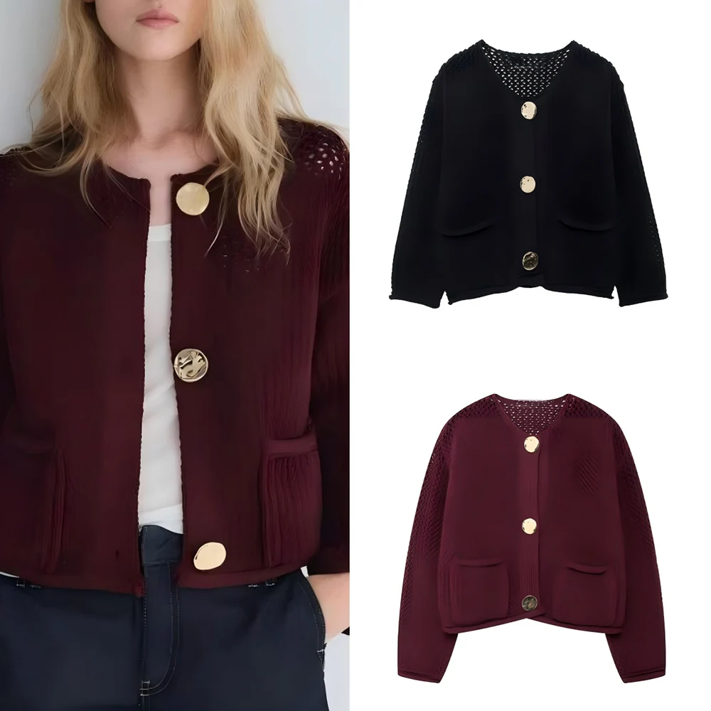 

Women's autumn fashion gold button decoration casual versatile coarse knitted Coat retro long sleeved women's Coat chic top