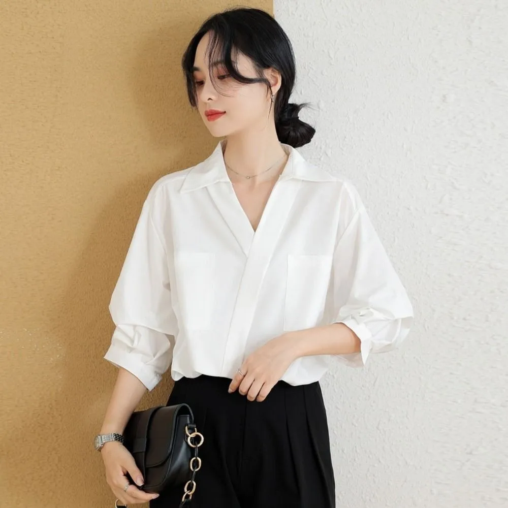 

V-neck Long Sleeve Shirts Tops Loose Clothing Sleeves Short Slim Fit Korean Style Blouse Simple Streetwear Slim Buttons Shirts
