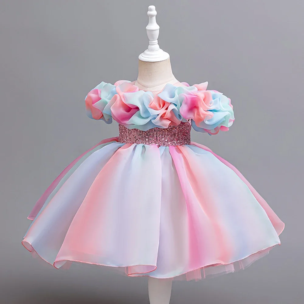 Rainbow Color Girl Princess Dress Sequined Belt Birthday Party Carnival Costume For Baby Kids 1-6 Years