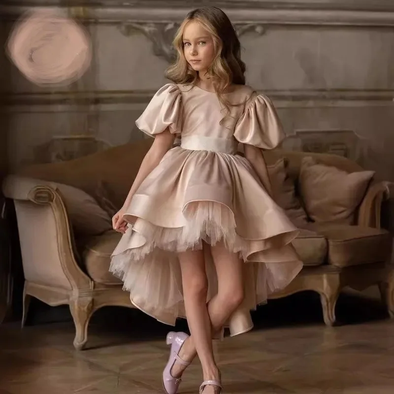 

Flower Girl Wedding Dresses Bow Round Neck Princess Dress Short in Front and Long in Back Gowns Graduation Prom Gown Customized