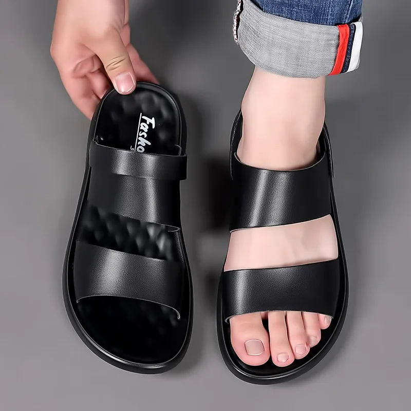 Herren sandalen 2023 Sommer neue heiß verkaufte wasserdichte rutsch feste Echt leders andalen weiche Sohle Hausschuhe atmungsaktive Freizeit schuhe