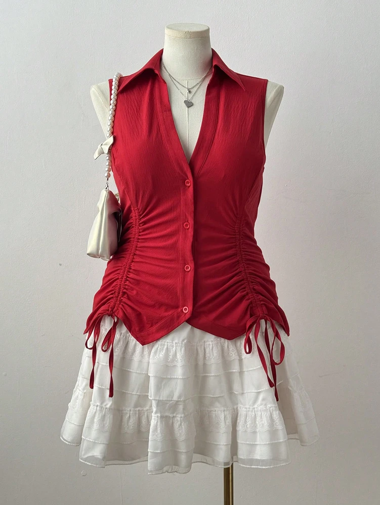 PLUS ขนาด 2025 ฤดูร้อนใหม่ผู้หญิงขนาดใหญ่เทศกาลดนตรี Tie Bow Slim Slim เสื้อแขนกุดวัสดุโพลีเอสเตอร์