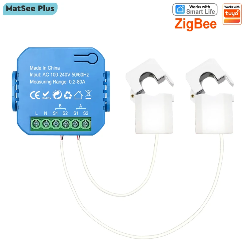 

Умный счетчик энергии ZigBee, двунаправленный, 1/2-канальный, с трансформатором тока 80А, мониторинг через приложение, требуется шлюз