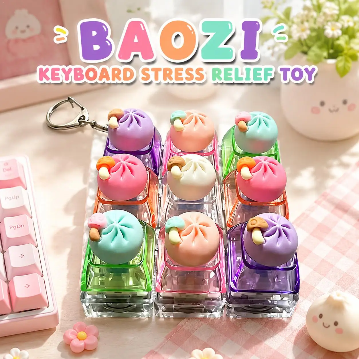 Cute Baozi Keyboard Stress Relief Toy LED Light 9 Button Clicker Fidget Keychain Novelty Mechanical Keycap Gift