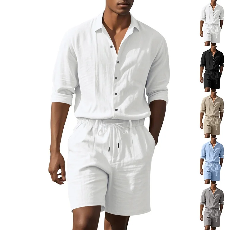 Men's Summer Linen Two-Piece Long Sleeve Shirt Shorts Set Standard Fit Bright Thread Velvet Process Citywalk Suitable Youth C...