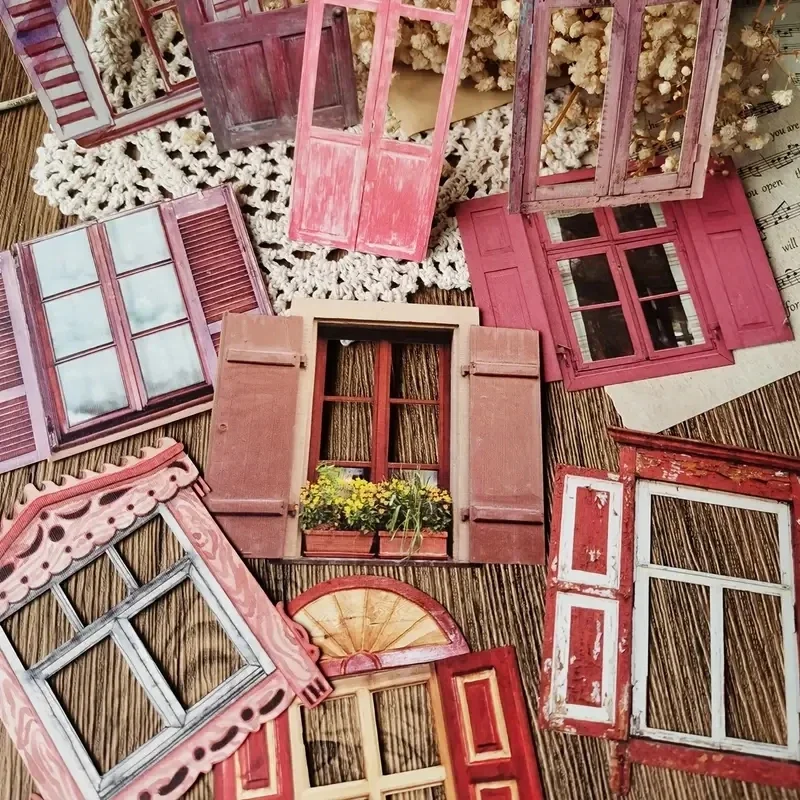 10 Pcs Laser Hollow Doors Windows Stickers Junk Journal Planner Scrapbooking Vintage Decorative DIY Craft Material supplies