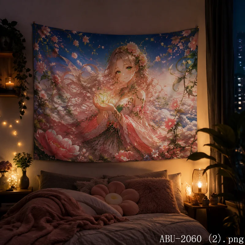 VIKAMA Flower Fairy Glow Tapestry Blossom Dress Heart Petals Romantic Girls Bedroom Wall Art