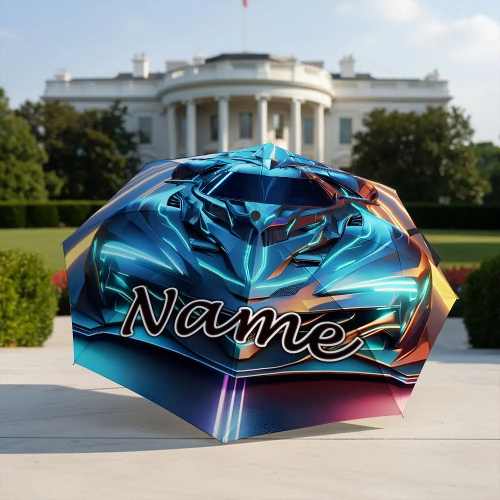 Custom Name Umbrella Futuristic Neon Supercar On Light Trail Highway Print Folding Umbrella For Sports Car Racing Fans, Gifts