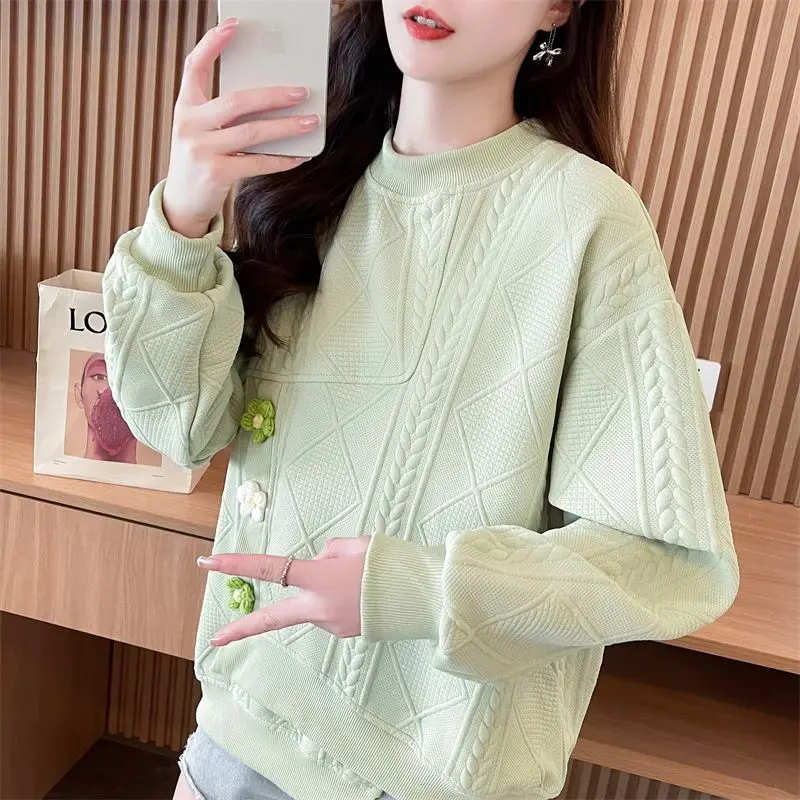 Spring Autumn Women Trendy 3D Flower Irregular Design All Match Sweatshirt Casual Solid O Neck Long Sleeve Loose Sweet Chic Tops