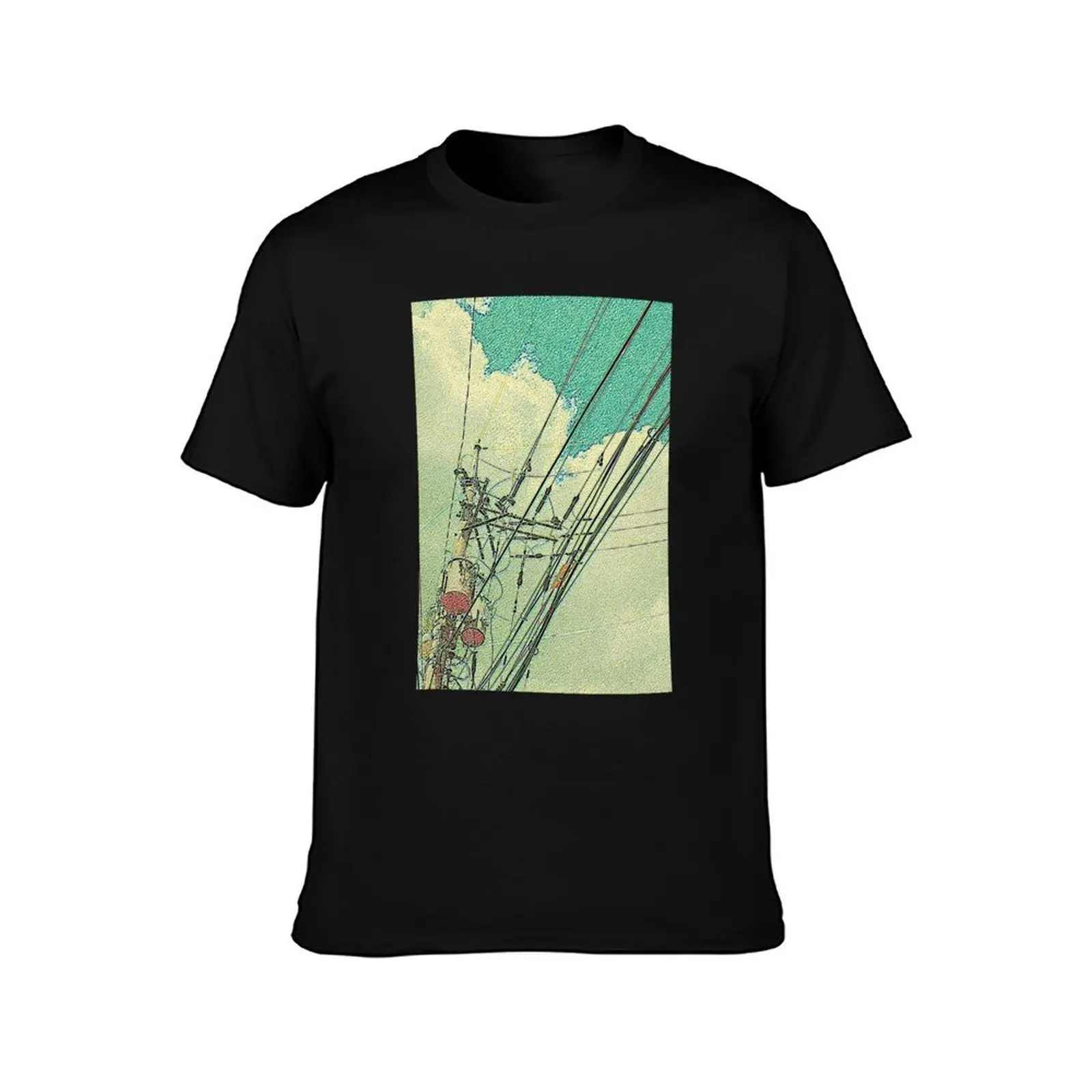 Electric pole and blue sky mosaic T-Shirt, Summer Casual Cotton Tee, Oversized Streetwear Tops, Vintage Graphic Print